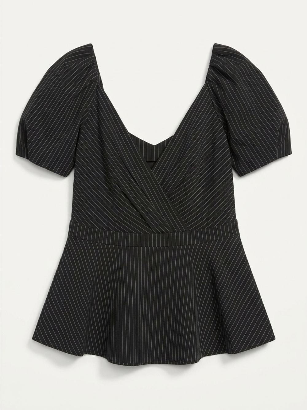 City Chic Black Pinstripe Peplum Puff-Sleeve Top